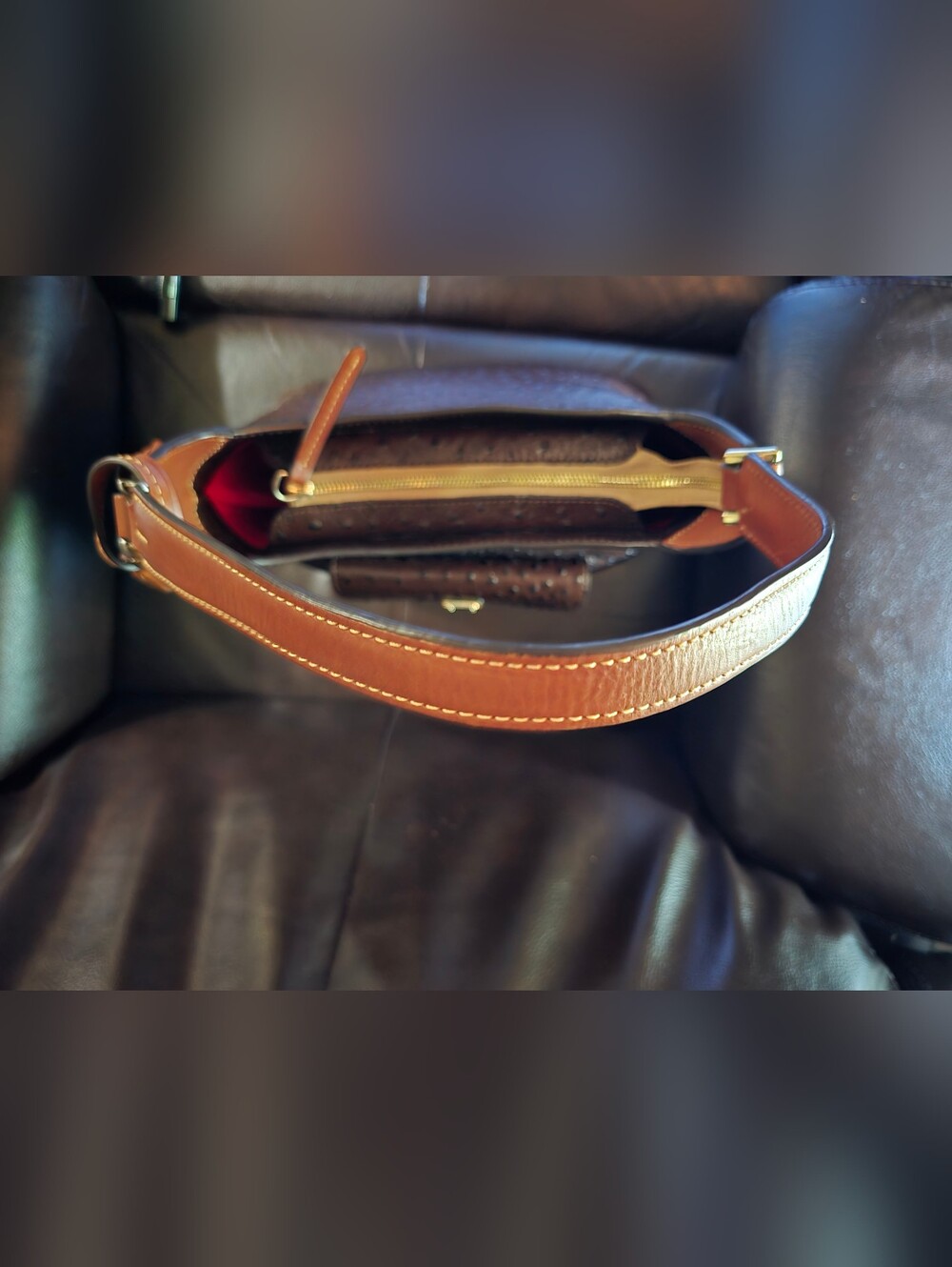 Dooney and Bourke Brown Ostrich Shoulder Bag with Tassel Accent - Picture 4 of 6